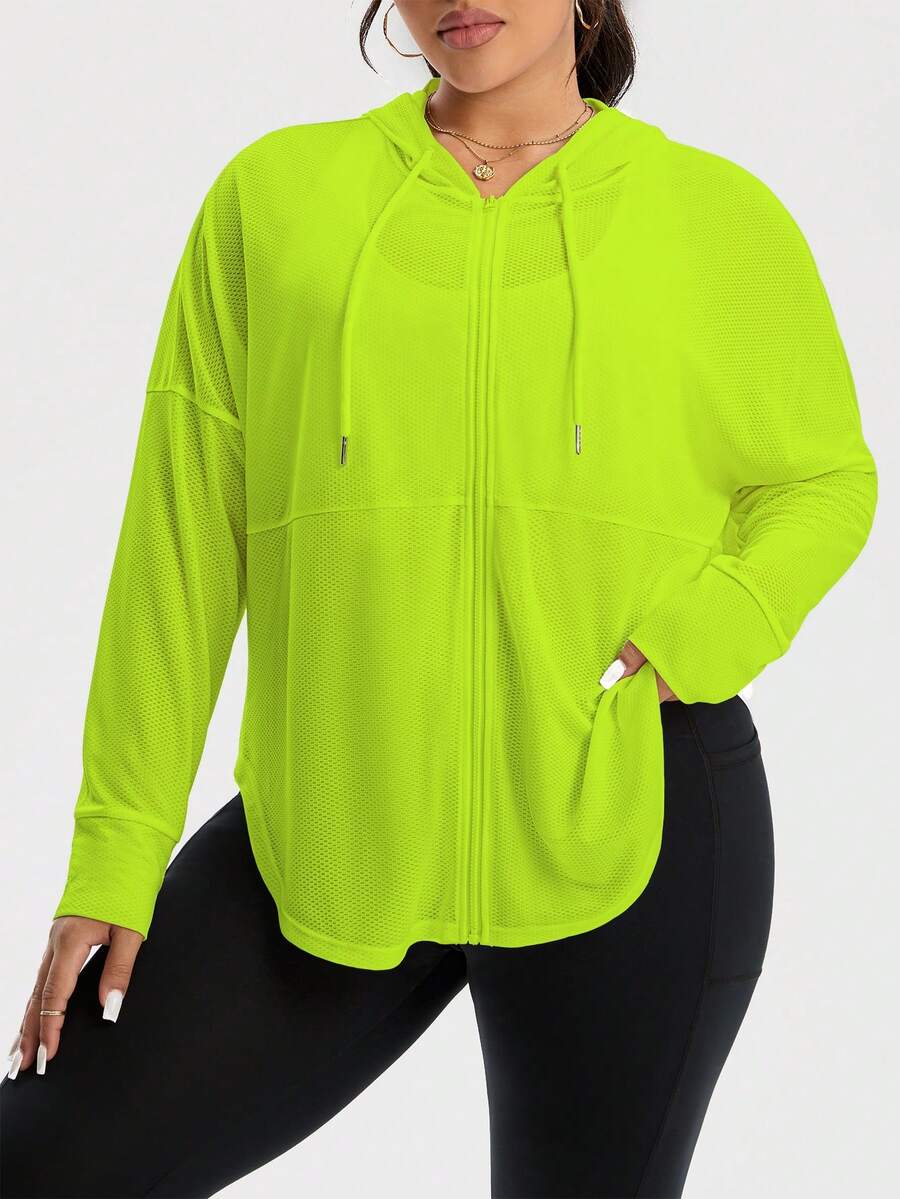 Rhythm Era Plus Size Women Neon Green Zip-Up Drawstring Hooded Mesh Breathable Sports Jacket - Green - View 1