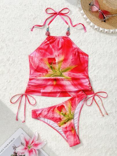 Swim Vcay New Arrival Spring/Summer Multi-Color Digital Floral Print Side Drawstring Spaghetti Strap Slimming Tummy Control High Cut Backless Romantic Vacation Beach Camisole & Women's Bikini Set Set