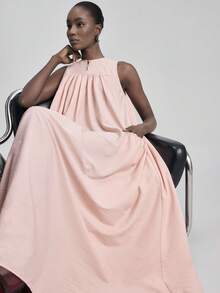 Ontre Women's Light Pink Ice Cream Texture Soft Fabric Loose Fit Round Neck Sleeveless Spliced A-Line Dress, Fashionable Casual Cruise Wear, Minimalist Luxury Feel All-Season Bohemian Style Vacation Outfits,Beach And Seaside Women's Clothing, Country Music Concert Style, Western Style Clothing, Nomadic Casual Fashion With Pocket All-Season Versatile Modern Urban Fashion Business Casual Women's Wear Office Attire Understated Old-Money Style, Elegant And Sophisticated, High-Quality Commuter And Airport - Baby Pink - View 2