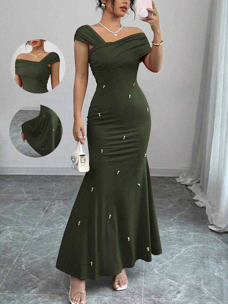 Rafferiza Elegant & Luxurious Asymmetrical Neckline Red Straight Beaded Mermaid Dress, For Women, Spring/Summer Olive Green - Army Green - View 1