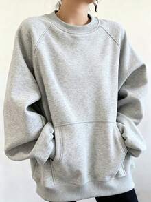 INAWLY Plus Size Casual Loose Fit Crew Neck Pullover Sweatshirt With Large Pocket - Light Grey - View 3