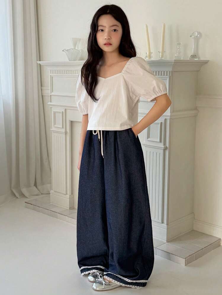 Tween Girls' Drawstring Waist Contrast Lace Pocket Wide Leg Loose Casual Jeans