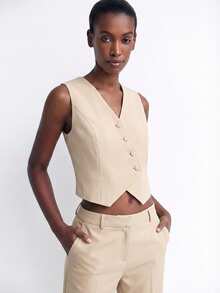 Maija Apricot Asymmetric Sleeveless Vest Cardigan, Comfortable Casual Minimalist Design Outerwear Casual - Apricot - View 5