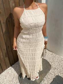 Dazy Plus Chiffon Mesh Sexy Lace-Up Backless Dress, Vacation Style, White - White - View 7