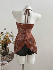 Elamini Y2K复古印花收腰不对称下摆女式背心 - 棕色 - 查看 2