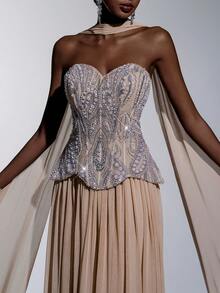 Elitara Elegant Luxurious Apricot Satin Beaded Sequin Embroidered Mesh Splice Elastic Knit Ruched Hanging Tassel Suitable For Wedding, Party, Vacation, Ball, Holiday Evening Dress - Apricot - View 6