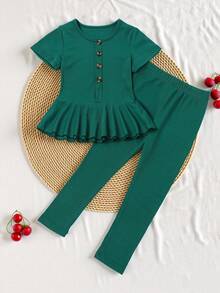 SHEIN Elladie kids Joven Chica - Sudadera De Manga Corta Con Ribete De Punto Acanalado, Botones Falsos Y Pantalones Acampanados - Verde Oscuro - Ver 6