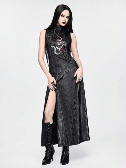 ROMWE Dark Gothic New Chinese Style Snake Skin Pattern Contrast Color Embroidered Mandarin Collar Fitted Long Dress