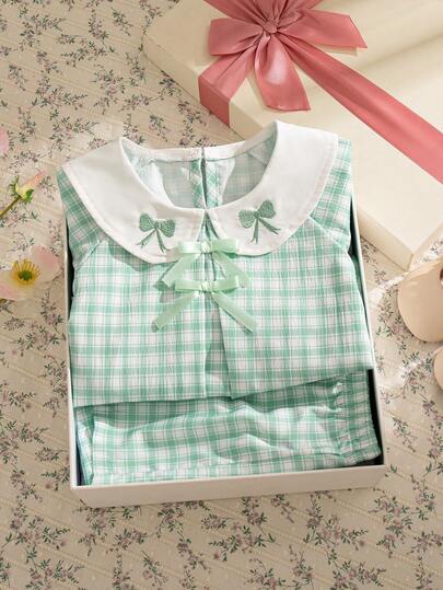 Souflis Souflis 2pcs Baby Girl Infant Toddler Newborn Spring/Summer Elegant Princess Style White & Green Peter Pan Collar Ruffle Blouse + Shorts Set