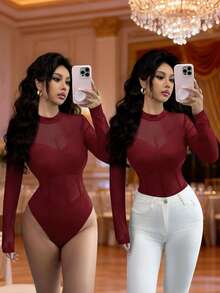 Elenzga 新款女士网纱拼接针织长袖连体衣，性感优雅，适合度假、派对、约会等场合。 - 酒紅色 - 查看 3