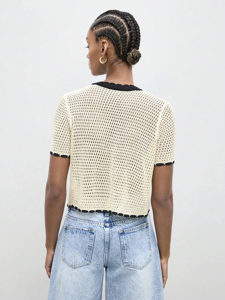 SHEIN Maija Women's Contrast Color Short Sleeve Single-Breasted Hollow Thin Cardigan, Spring Clothes, Spring Outfit , Spring Women, Summer Outfits , Summer Tops , Summer Outfit For Women , Party Top, Beach Outfits For Women , Beach Outfits, Beach Top,Black And White Stripes, Knitted Openwork Design  St Patrick's Day Women Easter Summer Outfits Easter Dress Women Party Top Beach Dress Summer Holiday Outfits Each Vacation Outfits For Women  Summer Outfit For Women Going Out Outfits Graduation Graduation Outfit  Casual Dresses  Casual Blouses For Women