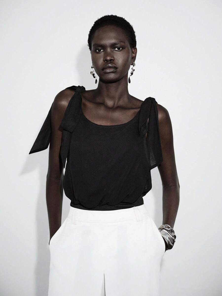 Lumivelle Women's Fashionable Sleeveless Bowknot Tie-Up Bodysuit, Spring/Summer - Black - View 1