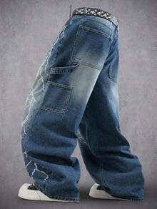 Manfinity Denimwave Quần jeans ống rộng dáng suông, in họa tiết tia chớp, phong cách thường ngày, dành cho nam giới, thích hợp mặc đi làm hàng ngày. - Màu xanh lam - Xem 2