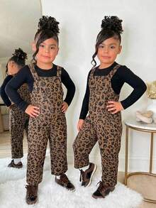 女童豹纹连体裤，可爱休闲百搭的秋冬装 - 咖啡棕 - 查看 3