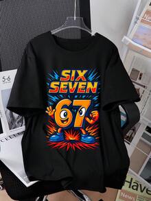 SHEIN 男童图案T恤，休闲舒适针织圆领宽松版型，印有数字67图案，黑色上衣，适合日常、上学、外出、运动、度假、派对等场合穿着。 - 黑色 - 查看 2