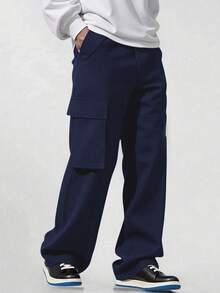 SHEIN Teens/Youth Casual Solid Color Cargo Pants With Decorative Details, Minimalist All-Match Style Suitable For Commuting, School, Daily Casual, Travel, Outdoor, Party, Autumn/Winter - Navy Blue - View 2