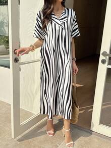 Vivie Lora Women's V-Neck Loose Vertical Striped Ruffle Hem Mid-Length Dress - Black and White - View 6