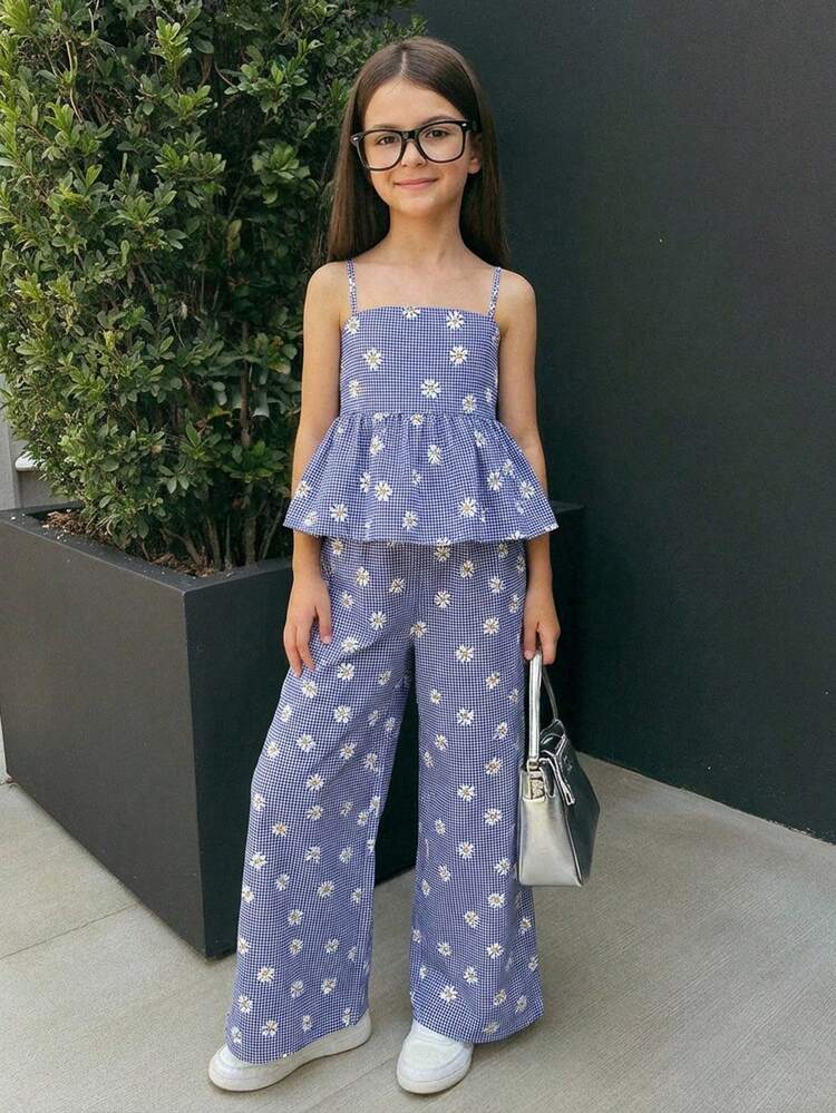 SHEIN Firerie Kids ティーンガールズ ブルーチェック デイジー柄キャミソール + パンツ 2点セット、カジュアル、ファッショナブル、多用途、パーティー、お出かけ、姉妹撮影、公園、キャンプ、バケーション、日常のレジャーに適しています - ブルー - 見る 1
