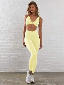 Musera Sport 扭结前襟V领运动上衣文胸，适合板式网球、网球、匹克球、健身房、秋季瑜伽、普拉提、日常休闲穿着 - Butter Yellow - 查看 4