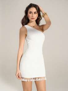 SHEIN Tall Vestido ajustado con un hombro y flecos para el verano, vestido de graduación blanco - Blanco - Ver 5