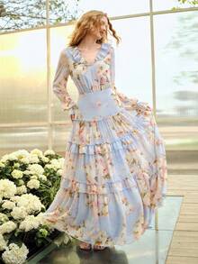 MOTF PREMIUM WOMEN'S ROMANTIC ELEGANT RUFFLE HEM FLORAL PRINT LONG SLEEVE DRESS, SPRING/SUMMER - Multicolor - View 4