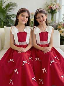 SHEIN 少女编织蝴蝶结撞色连衣裙 - 白色 - 查看 2