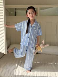 Dazy Kids 两件套女童条纹短袖上衣和裤子睡衣套装（夏季款） - 藍色 - 查看 5