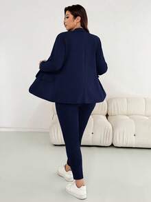 SHEIN Essnce Damen Große Größen Mode Herbst und Winter Lässig Locker Bequem Täglicher Schwarzer Hosenanzug Jacke und Leggings Zweiteiler Set, Business Lässig, Herbst Outfits, Bürokleidung - marineblau - Übersicht 2