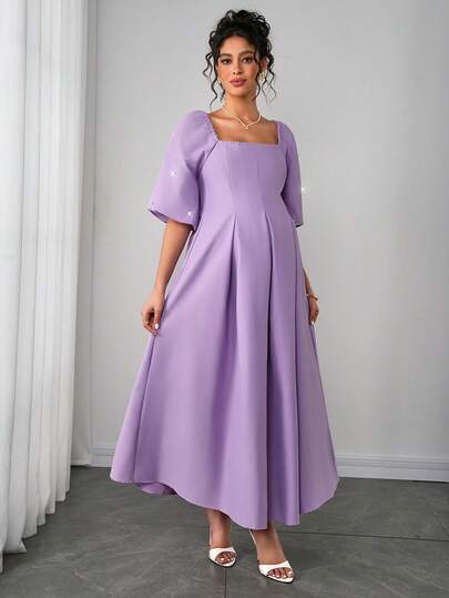 Momance Elegant Maternity Square Neck Faux Pearl Embellished Long Dress