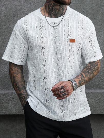 Manfinity CasualCool 男士休闲圆领短袖T恤，适合夏季日常穿着，展现男士绅士风范，休闲日常穿着，周末旅行，户外活动，探险旅行，轻松的工作环境或半正式场合，送给男友/丈夫的礼物，周年纪念/生日礼物，派对夏季假期，婚礼，春夏交替，复活节，休闲男士透气白色针织夏季短袖衬衫，落肩设计，男士纹理衬衫，男士针织T恤，男士针织衬衫，白色针织衬衫，男士街头风衬衫