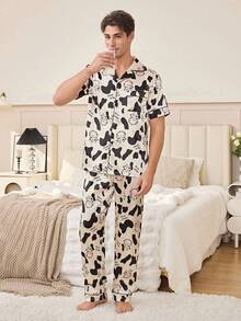 CoupledUp Cartoon Cow Animal Print Contrast Trim Poplin Short Sleeve Pajama Set With Lapel Collar For Men - Multicolor - View 4