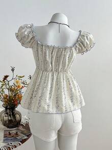 Elamini Early Spring Vacation Floral Print Contrast Trim Tie Waist Women Shirt - Multicolor - View 2