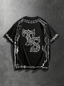 ROMWE MEN Casual Versatile Dark Graffiti Style Short Sleeve T-Shirt - Black - View 2