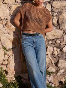 Maija Women's Round Neck Side Slit Tie-Up Hollow Out Knit Top - Brown - View 1