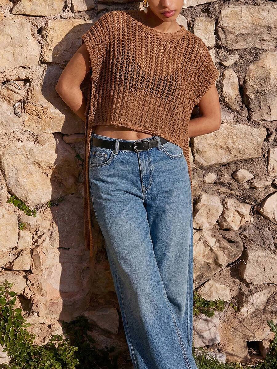 Maija Women's Round Neck Side Slit Tie-Up Hollow Out Knit Top - Brown - View 1