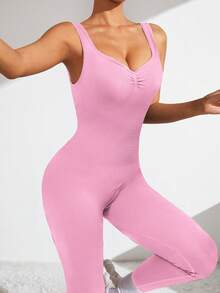 Easithlete Bộ áo liền quần thể thao không tay, cổ tim, màu trơn, ôm sát, thích hợp cho mùa hè. - Hồng - Xem 3