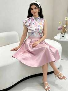 SHEIN 2pcs/Set Teen Girl Elegant Floral Print Shirt With Ruffle Hem & Ruched Flare Skirt, Teen Skirts Sets, 2 Piece Sets Skirts,Kids - Pink - View 3