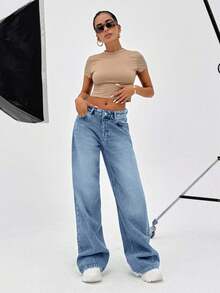 SHEIN 100% Cotton LOW RISE WIDELEG CUT VINTAGE WASH Y2K BAGGY JEANS TALL - Baby Blue - View 6