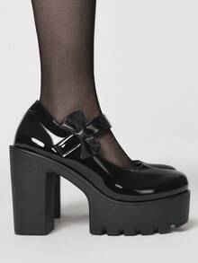 ROMWE Kawaii 女士高跟鞋 暗黑摇滚朋克哥特风 闭趾玛丽珍鞋 小号皮鞋 Y2K派对礼服鞋 厚底乐福鞋 - 黑色亮皮蝴蝶結 - 查看 4