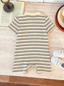 Baby Boy Comfortable Casual Versatile Textured Striped Short Sleeve Polo Romper, Suitable For Indoor, Outdoor, Daily Wear, Sports - Multicolor - View 2