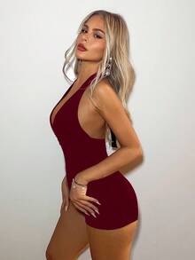 SHEIN ICON Women's Sexy Cross Decor Black V-Neck Backless Strap Bodycon Jumpsuit - Burgundy - View 4