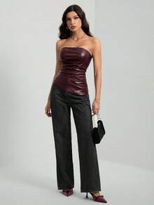 SHEIN Tall 纯色褶皱时尚夏季修身抹胸上衣 - 中紫紅色 - 查看 6