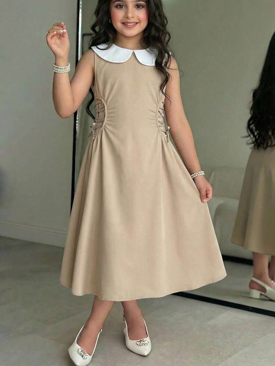 SHEIN 青少年女孩優雅米色夏季派對洋裝,時尚卡其色中長洋裝,白色彼得潘領、無袖、收腰A字裙,休閒時尚風 - 卡其色 - 查看 1