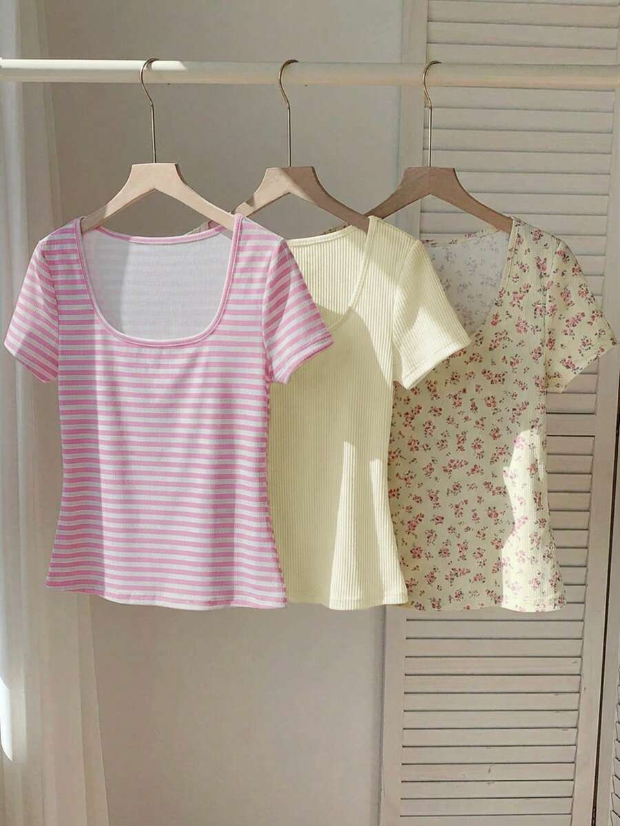 Comfortcana Áo thun nữ in họa tiết hoa và sọc nhiều màu, thích hợp cho mùa hè. - Nhiều màu - Xem 1