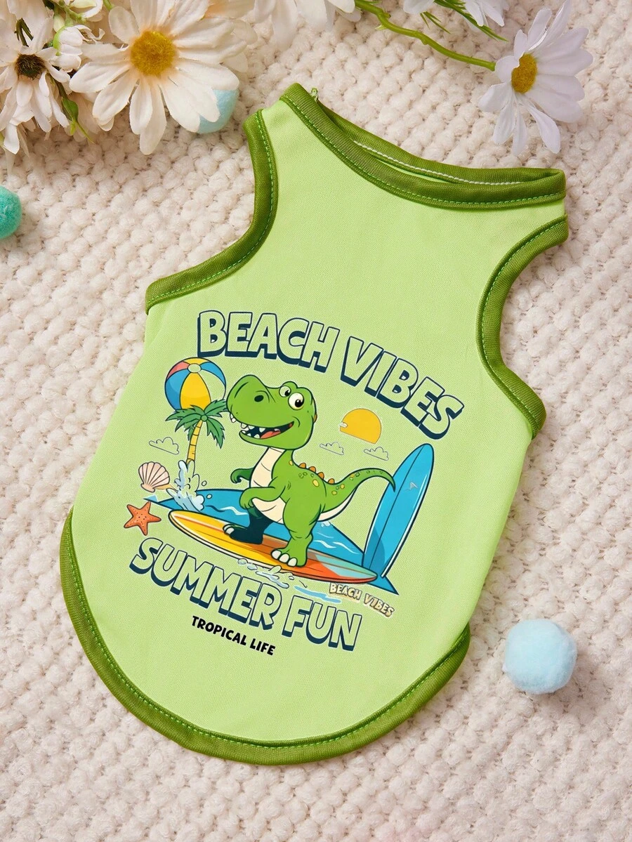 PETSIN 1pc Cute Green Dinosaur Hawaiian Beach Letter Printed Pet Tank Top Green Skin Friendly Breathable Pet Clothes - Green - View 1