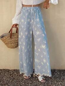 DAZY Quần ống rộng lửng kẻ sọc jacquard, trang phục thường ngày cho nữ, thích hợp mặc đi nghỉ dưỡng mùa xuân/hè. - Màu xanh lam - Xem 5