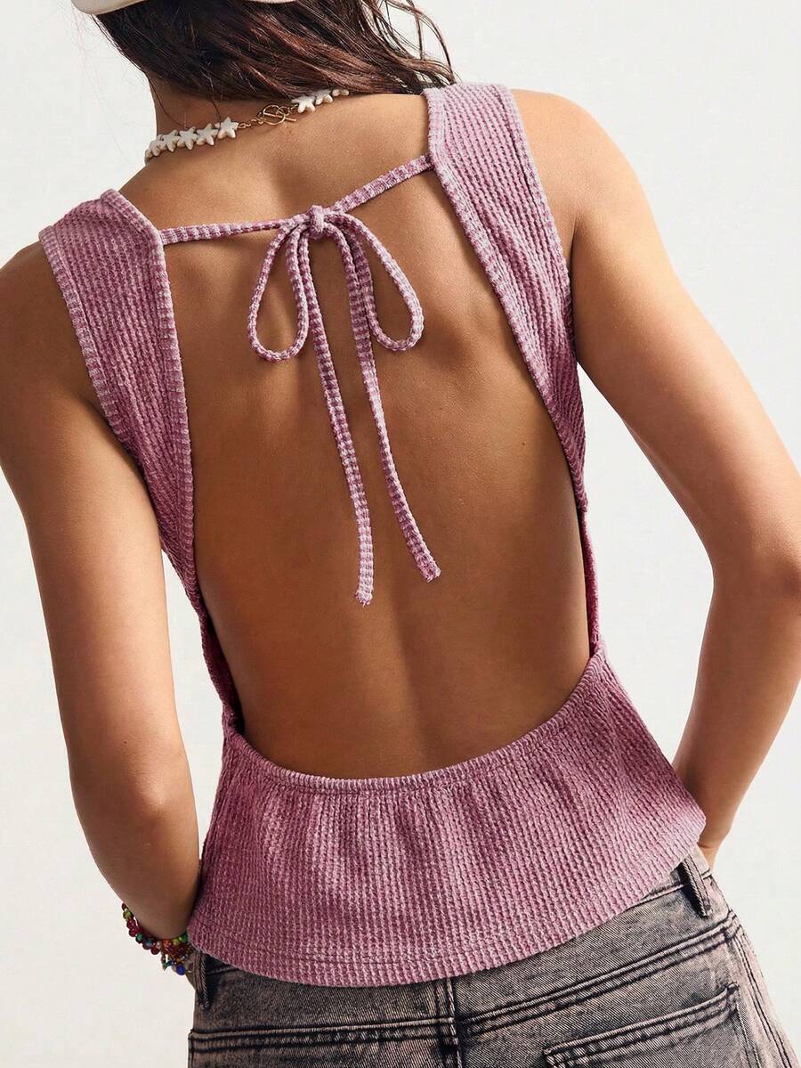 Bohemela 女士休闲纯色针织露背修身背心 - 粉色 - 查看 1