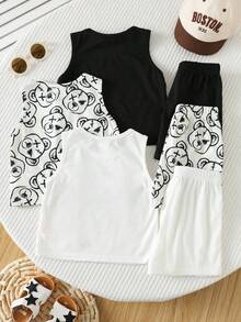 SHEIN Set de 3 piezas de ropa interior básica para bebé niño con chaleco y pantalones cortos con diseño de rayas y estampado de dibujos animados para el verano y vacaciones - Multicolor - Ver 2