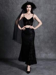 Glisette Chân váy đuôi cá dệt jacquard cổ điển, trang trí cầu kỳ, dáng ôm, phong cách punk, thời trang xuân/hè. - màu đen - Xem 8