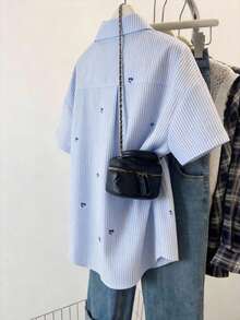 少女宽松休闲简约舒适樱桃印花翻领衬衫 - 淺藍色 - 查看 2